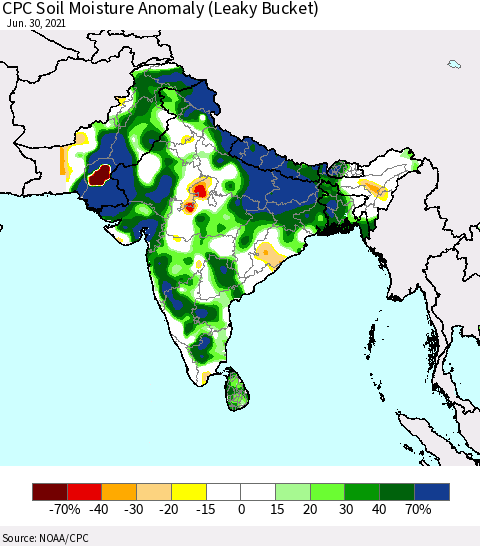 Southern Asia CPC Soil Moisture Anomaly (Leaky Bucket) Thematic Map For 6/26/2021 - 6/30/2021