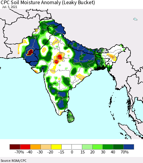 Southern Asia CPC Soil Moisture Anomaly (Leaky Bucket) Thematic Map For 7/1/2021 - 7/5/2021