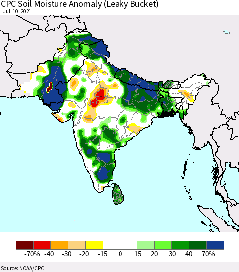 Southern Asia CPC Soil Moisture Anomaly (Leaky Bucket) Thematic Map For 7/6/2021 - 7/10/2021