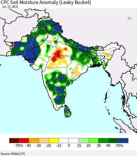 Southern Asia CPC Soil Moisture Anomaly (Leaky Bucket) Thematic Map For 7/11/2021 - 7/15/2021