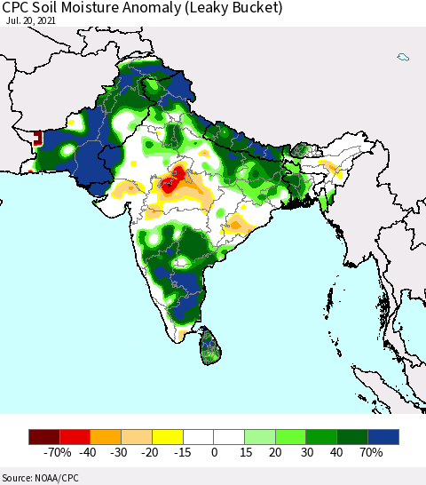 Southern Asia CPC Soil Moisture Anomaly (Leaky Bucket) Thematic Map For 7/16/2021 - 7/20/2021