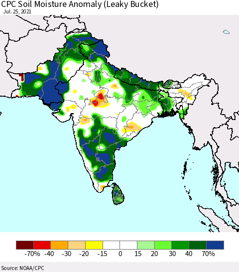 Southern Asia CPC Soil Moisture Anomaly (Leaky Bucket) Thematic Map For 7/21/2021 - 7/25/2021