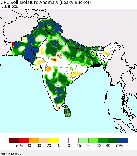 Southern Asia CPC Soil Moisture Anomaly (Leaky Bucket) Thematic Map For 7/26/2021 - 7/31/2021