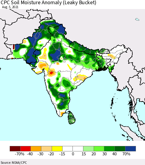 Southern Asia CPC Soil Moisture Anomaly (Leaky Bucket) Thematic Map For 8/1/2021 - 8/5/2021