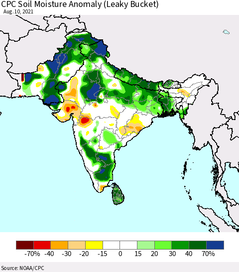Southern Asia CPC Soil Moisture Anomaly (Leaky Bucket) Thematic Map For 8/6/2021 - 8/10/2021