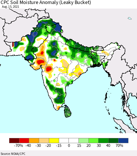 Southern Asia CPC Soil Moisture Anomaly (Leaky Bucket) Thematic Map For 8/11/2021 - 8/15/2021