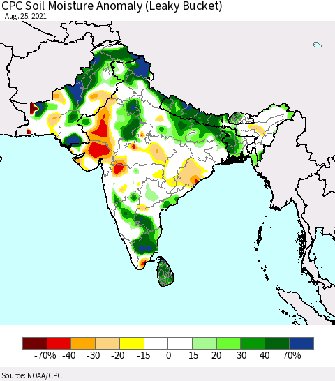 Southern Asia CPC Soil Moisture Anomaly (Leaky Bucket) Thematic Map For 8/21/2021 - 8/25/2021