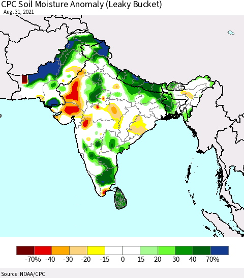 Southern Asia CPC Soil Moisture Anomaly (Leaky Bucket) Thematic Map For 8/26/2021 - 8/31/2021