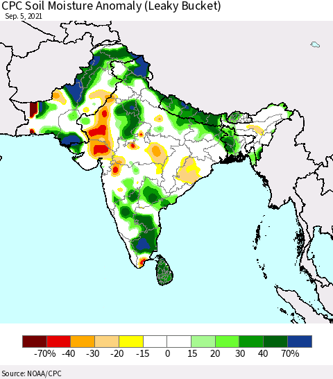 Southern Asia CPC Soil Moisture Anomaly (Leaky Bucket) Thematic Map For 9/1/2021 - 9/5/2021