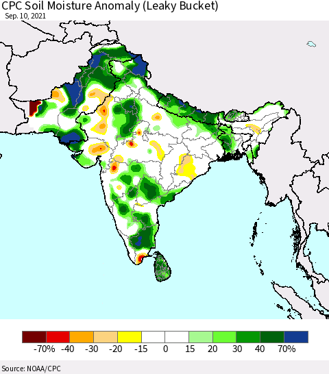 Southern Asia CPC Soil Moisture Anomaly (Leaky Bucket) Thematic Map For 9/6/2021 - 9/10/2021