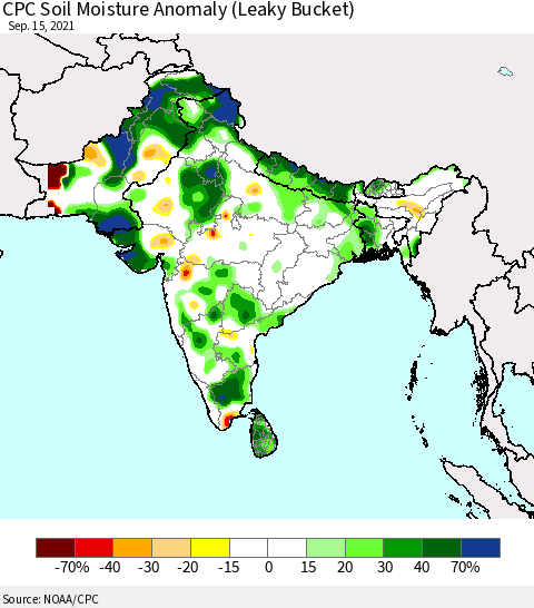 Southern Asia CPC Soil Moisture Anomaly (Leaky Bucket) Thematic Map For 9/11/2021 - 9/15/2021