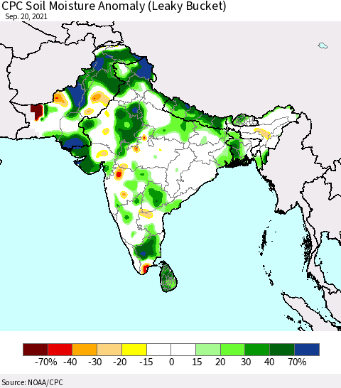 Southern Asia CPC Soil Moisture Anomaly (Leaky Bucket) Thematic Map For 9/16/2021 - 9/20/2021