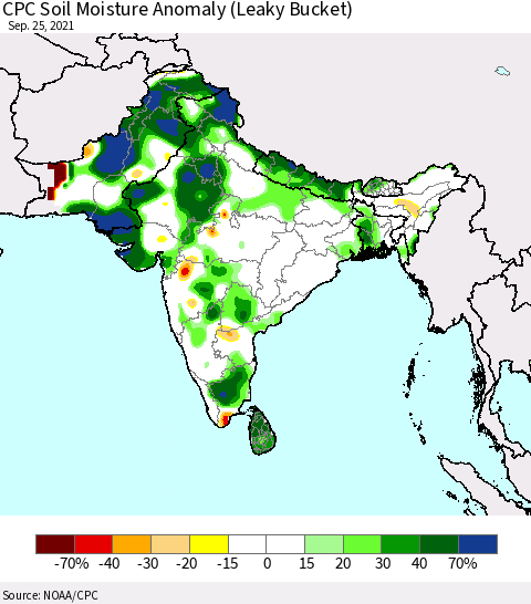 Southern Asia CPC Soil Moisture Anomaly (Leaky Bucket) Thematic Map For 9/21/2021 - 9/25/2021