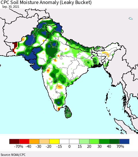 Southern Asia CPC Soil Moisture Anomaly (Leaky Bucket) Thematic Map For 9/26/2021 - 9/30/2021