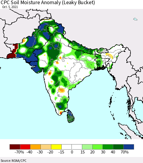 Southern Asia CPC Soil Moisture Anomaly (Leaky Bucket) Thematic Map For 10/1/2021 - 10/5/2021