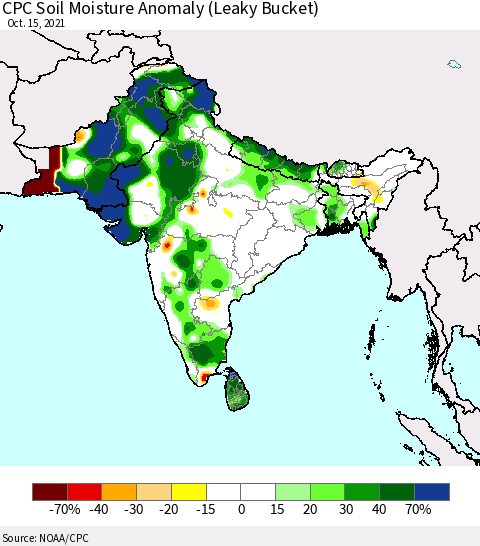 Southern Asia CPC Soil Moisture Anomaly (Leaky Bucket) Thematic Map For 10/11/2021 - 10/15/2021