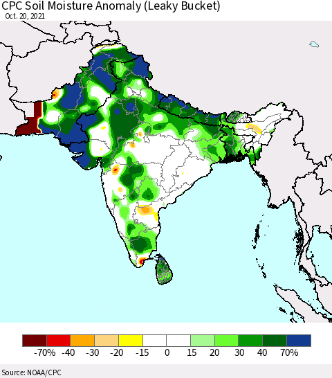 Southern Asia CPC Soil Moisture Anomaly (Leaky Bucket) Thematic Map For 10/16/2021 - 10/20/2021