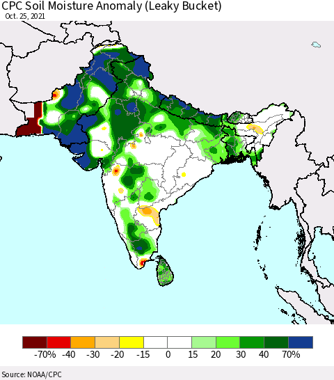 Southern Asia CPC Soil Moisture Anomaly (Leaky Bucket) Thematic Map For 10/21/2021 - 10/25/2021