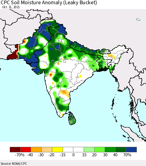Southern Asia CPC Soil Moisture Anomaly (Leaky Bucket) Thematic Map For 10/26/2021 - 10/31/2021