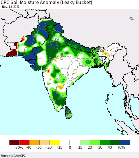 Southern Asia CPC Soil Moisture Anomaly (Leaky Bucket) Thematic Map For 11/11/2021 - 11/15/2021