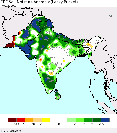 Southern Asia CPC Soil Moisture Anomaly (Leaky Bucket) Thematic Map For 11/16/2021 - 11/20/2021
