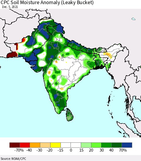 Southern Asia CPC Soil Moisture Anomaly (Leaky Bucket) Thematic Map For 12/1/2021 - 12/5/2021