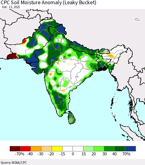 Southern Asia CPC Soil Moisture Anomaly (Leaky Bucket) Thematic Map For 12/11/2021 - 12/15/2021