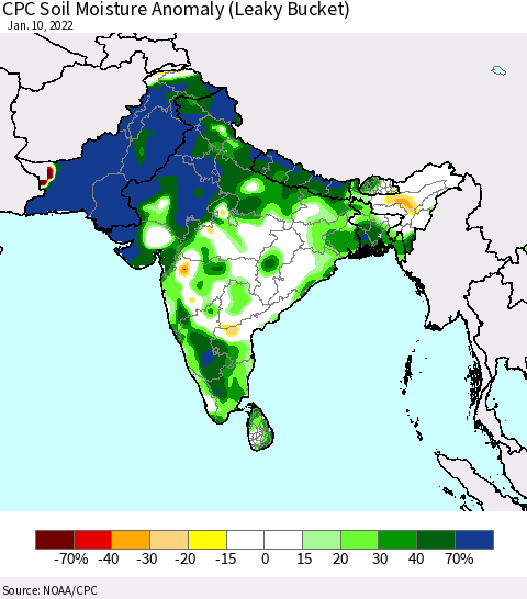 Southern Asia CPC Soil Moisture Anomaly (Leaky Bucket) Thematic Map For 1/6/2022 - 1/10/2022