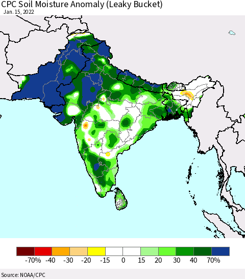 Southern Asia CPC Soil Moisture Anomaly (Leaky Bucket) Thematic Map For 1/11/2022 - 1/15/2022