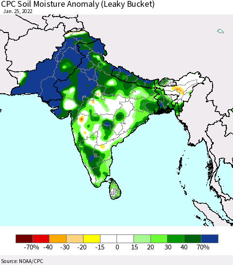 Southern Asia CPC Soil Moisture Anomaly (Leaky Bucket) Thematic Map For 1/21/2022 - 1/25/2022