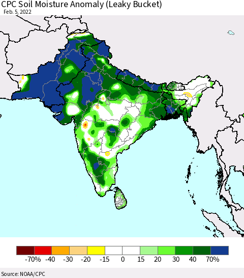 Southern Asia CPC Soil Moisture Anomaly (Leaky Bucket) Thematic Map For 2/1/2022 - 2/5/2022