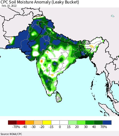 Southern Asia CPC Soil Moisture Anomaly (Leaky Bucket) Thematic Map For 2/6/2022 - 2/10/2022