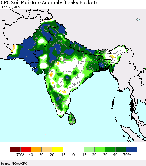 Southern Asia CPC Soil Moisture Anomaly (Leaky Bucket) Thematic Map For 2/21/2022 - 2/25/2022