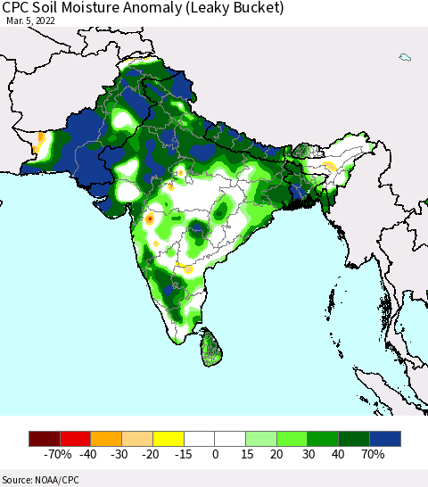 Southern Asia CPC Soil Moisture Anomaly (Leaky Bucket) Thematic Map For 3/1/2022 - 3/5/2022