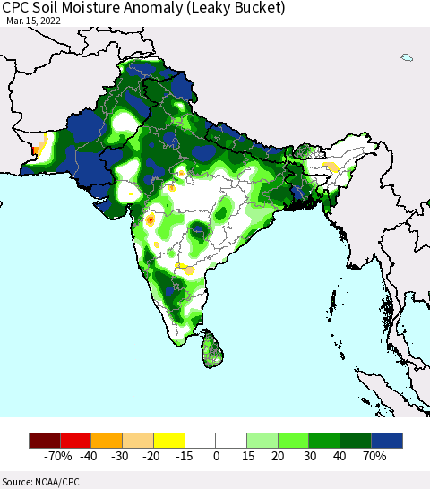 Southern Asia CPC Soil Moisture Anomaly (Leaky Bucket) Thematic Map For 3/11/2022 - 3/15/2022