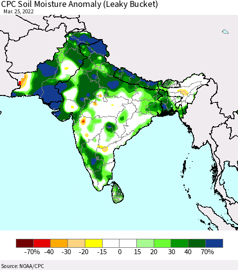 Southern Asia CPC Soil Moisture Anomaly (Leaky Bucket) Thematic Map For 3/21/2022 - 3/25/2022