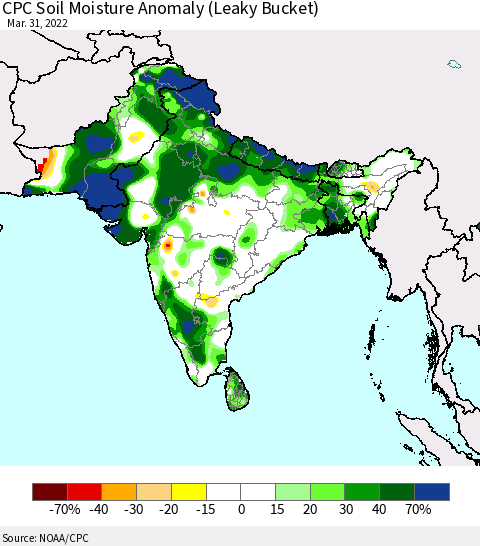 Southern Asia CPC Soil Moisture Anomaly (Leaky Bucket) Thematic Map For 3/26/2022 - 3/31/2022