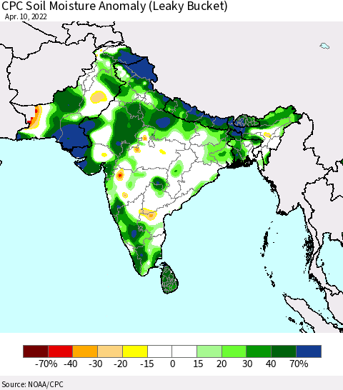 Southern Asia CPC Soil Moisture Anomaly (Leaky Bucket) Thematic Map For 4/6/2022 - 4/10/2022