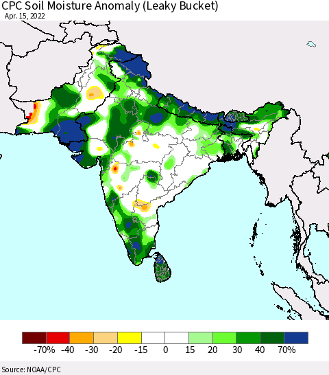 Southern Asia CPC Soil Moisture Anomaly (Leaky Bucket) Thematic Map For 4/11/2022 - 4/15/2022