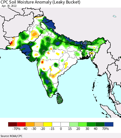 Southern Asia CPC Soil Moisture Anomaly (Leaky Bucket) Thematic Map For 4/26/2022 - 4/30/2022
