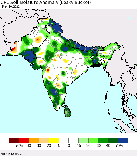 Southern Asia CPC Soil Moisture Anomaly (Leaky Bucket) Thematic Map For 5/6/2022 - 5/10/2022