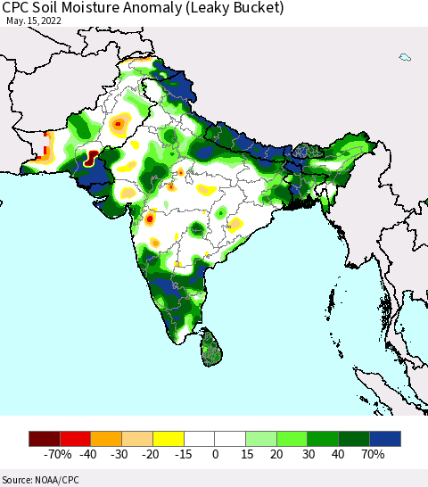 Southern Asia CPC Soil Moisture Anomaly (Leaky Bucket) Thematic Map For 5/11/2022 - 5/15/2022