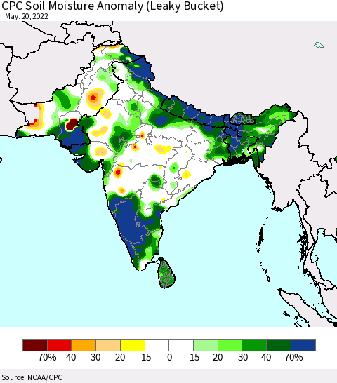 Southern Asia CPC Soil Moisture Anomaly (Leaky Bucket) Thematic Map For 5/16/2022 - 5/20/2022