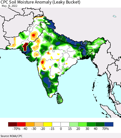 Southern Asia CPC Soil Moisture Anomaly (Leaky Bucket) Thematic Map For 5/26/2022 - 5/31/2022