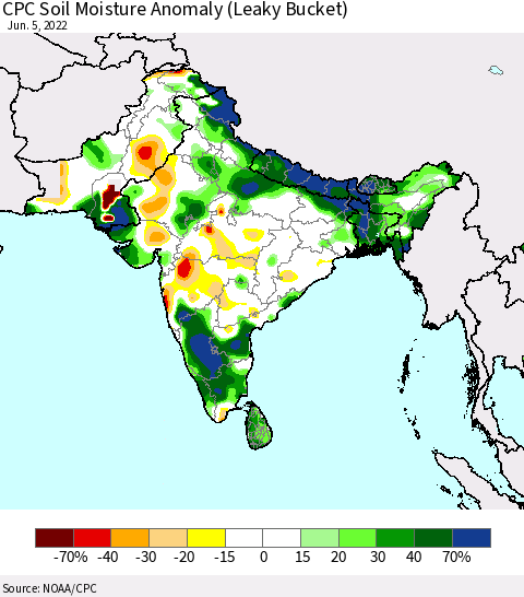 Southern Asia CPC Soil Moisture Anomaly (Leaky Bucket) Thematic Map For 6/1/2022 - 6/5/2022