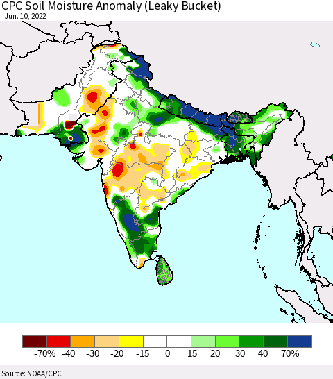 Southern Asia CPC Soil Moisture Anomaly (Leaky Bucket) Thematic Map For 6/6/2022 - 6/10/2022