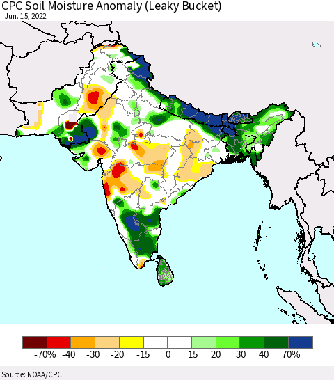 Southern Asia CPC Soil Moisture Anomaly (Leaky Bucket) Thematic Map For 6/11/2022 - 6/15/2022