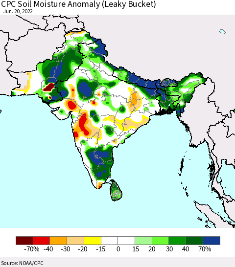 Southern Asia CPC Soil Moisture Anomaly (Leaky Bucket) Thematic Map For 6/16/2022 - 6/20/2022