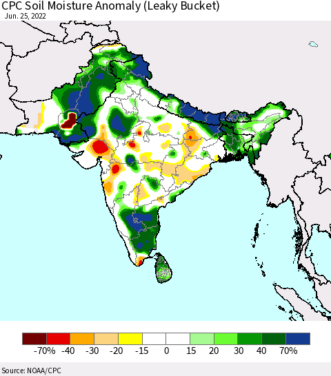 Southern Asia CPC Soil Moisture Anomaly (Leaky Bucket) Thematic Map For 6/21/2022 - 6/25/2022