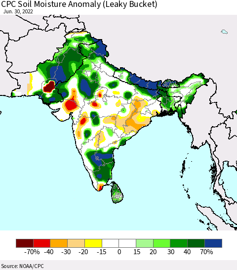 Southern Asia CPC Soil Moisture Anomaly (Leaky Bucket) Thematic Map For 6/26/2022 - 6/30/2022